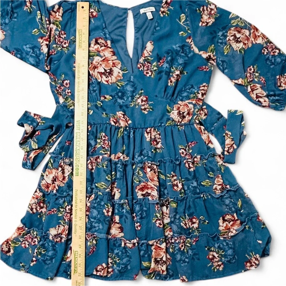 SPEECHLESS Teal Floral 3/4 Sleeve Dress XXL, Tiered Skirt V Neck Tie Waist
